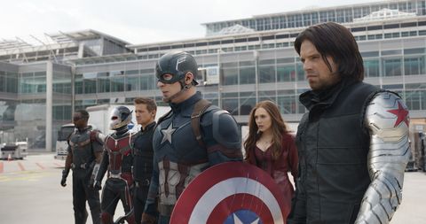 falcon, ant man, captain america and wanda line up for battle in a scene from captain america civil war, the 13th movie if you want to watch all the marvel movies in order