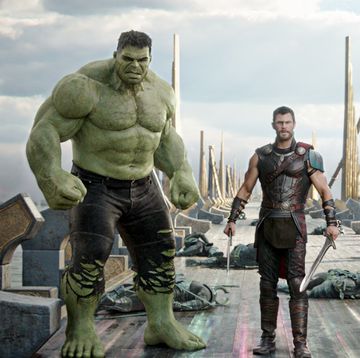 the hulk stands with thor in a scene from thor ragnarok, the 17th movie if you want to watch all the marvel movies in order