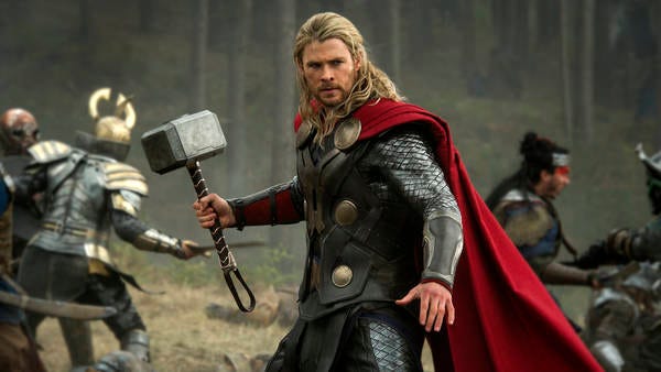 thor wields his hammer in a scene from thor the dark world, the eighth movie if you want to watch all the marvel movies in order