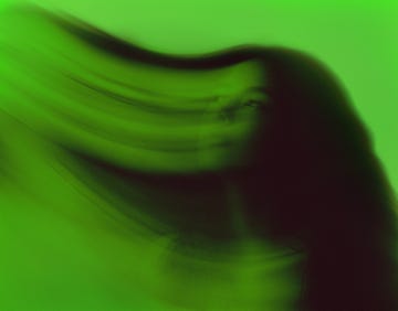 gen z woman abstract portrait, blurred motion and green color gradient