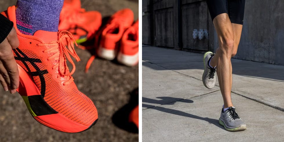 a pair of red asics shoes up close, and a man running down a road