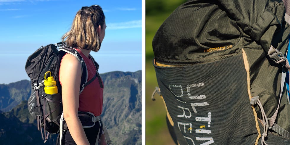 a woman looking out to the distance wearing a hiking backpack, and a close up of a backpack