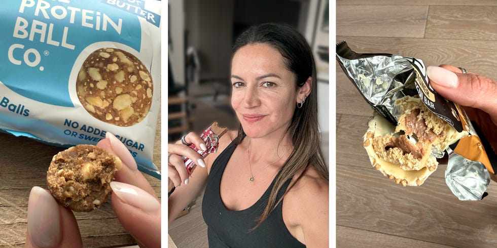 a woman eating a protein bar, protein bars being opened