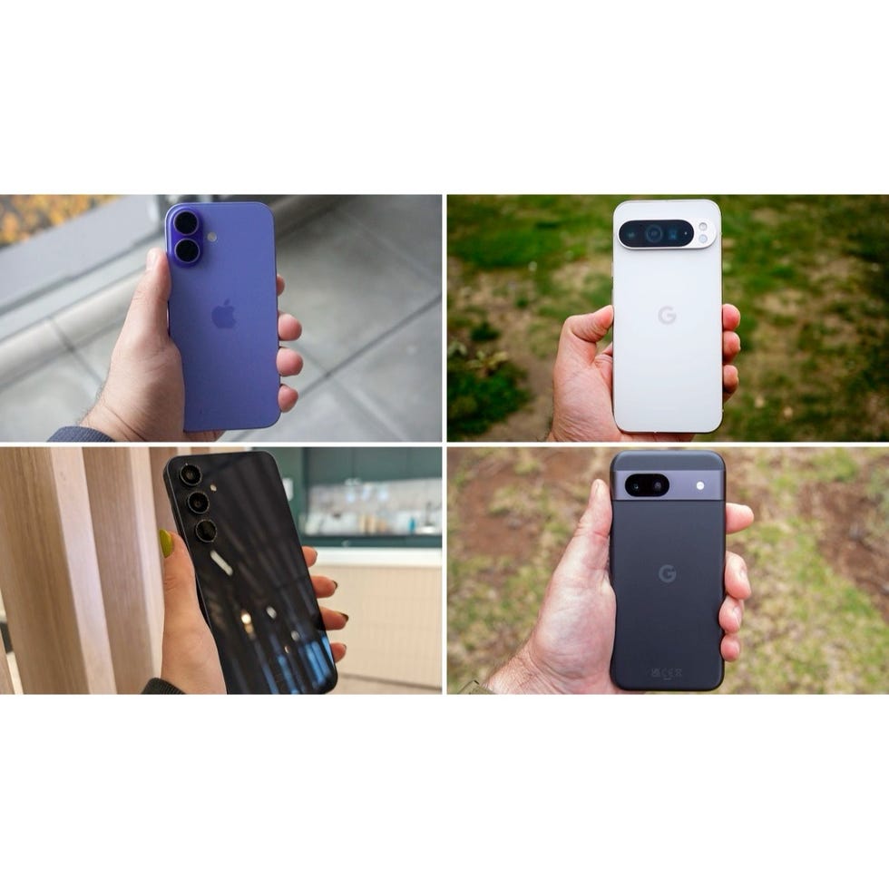 multiple smartphones held by individuals showcasing different models and colors