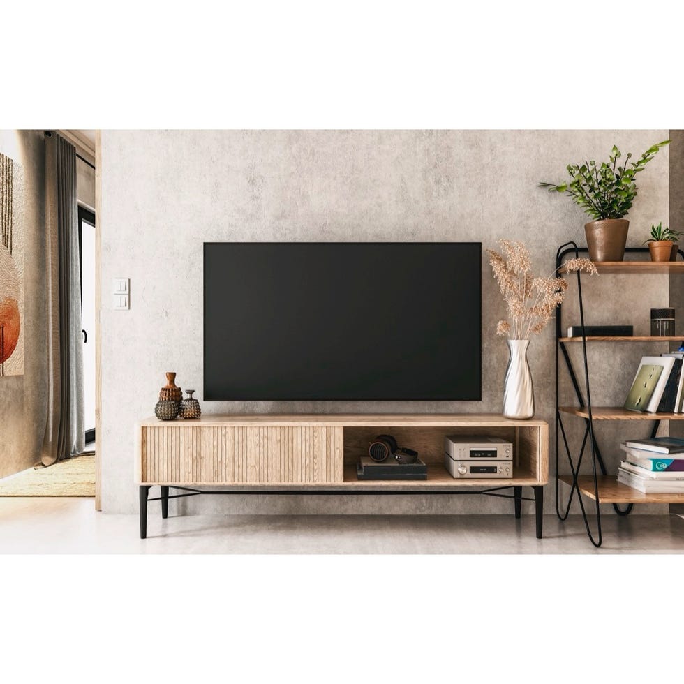 modern living room with a large television and wooden furniture
