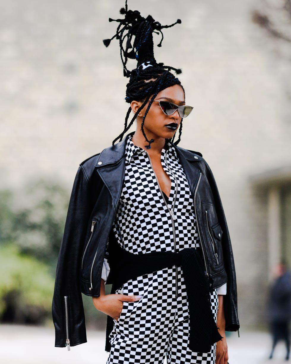 Street fashion, Clothing, Fashion, Polka dot, Outerwear, Pattern, Design, Black-and-white, Headgear, Leather, 