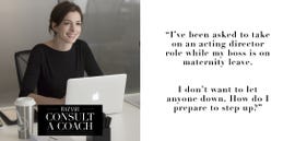 a woman seated at a desk with a laptop contemplating a new role alongside text about leadership concerns