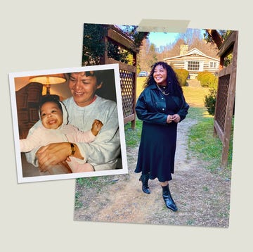 nicole ocran in a black top, skirt and boots today, alongside a picture of her as a baby with her aunt