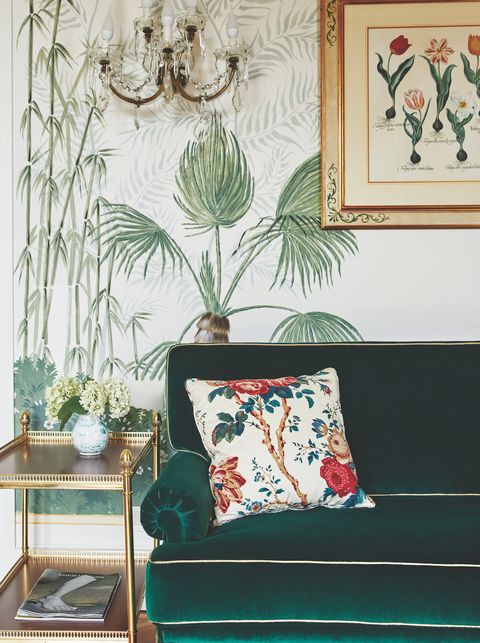 Green, Room, Living room, Interior design, Teal, Turquoise, Botany, Furniture, Leaf, Wallpaper, 