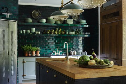 countertop, green, tile, kitchen, room, cabinetry, interior design, ceiling, furniture, property,