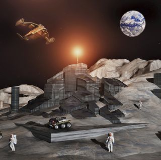 human astronauts mining for metals and minerals on the moon