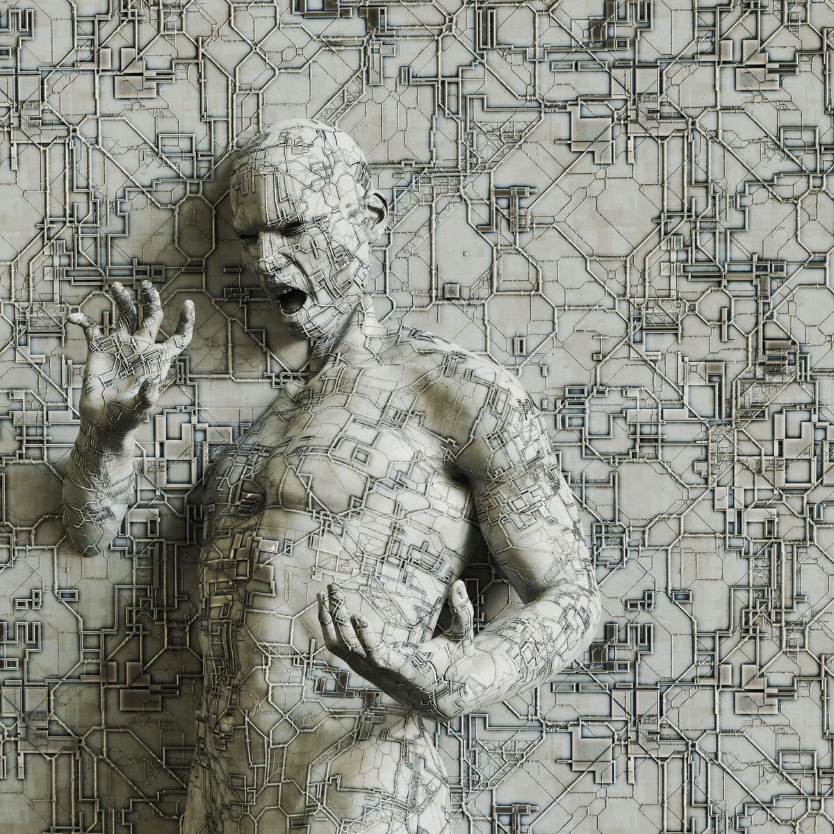 human figures covered in circuits struggling to free himself