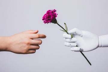 human hand reaching for carnation flower in robotic hand