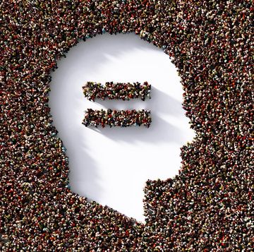 human head and equal sign formed by human crowd on white background