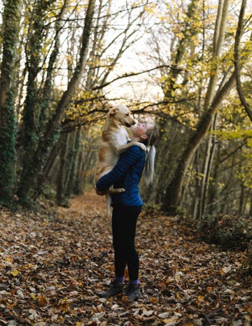 vrouw samen met haar hond in het bos