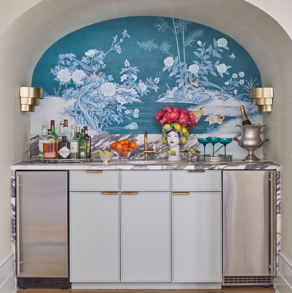 headlining an arched bar alcove gracies teal stonyford wall­paper