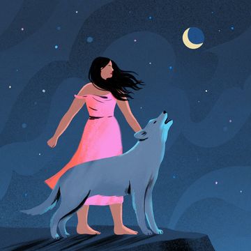 a person in a pink dress with a wolf