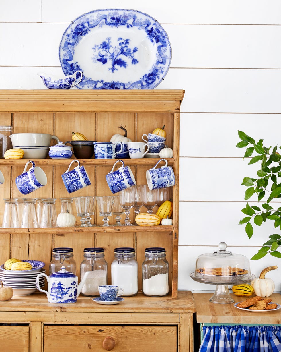 pine hutch with blue and white china