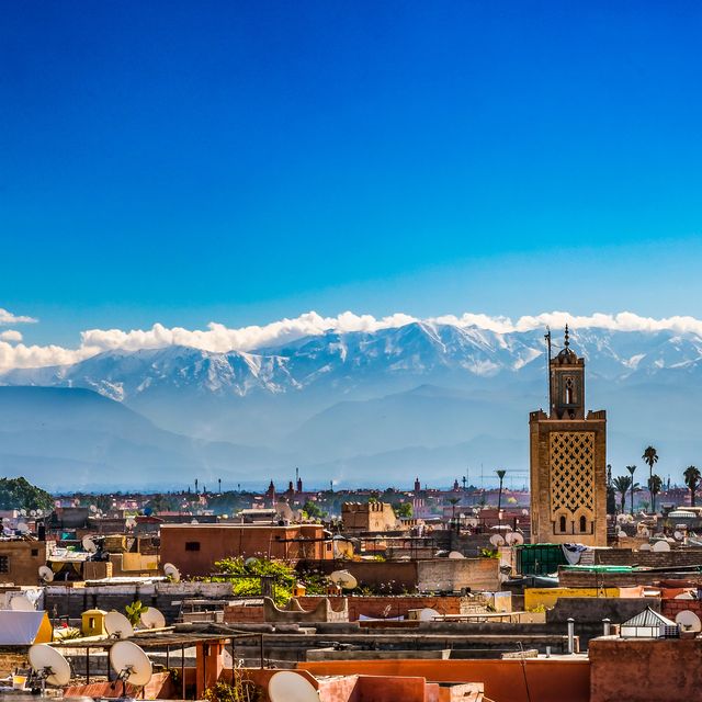 marrakech morocco rooftops with atlas mountains