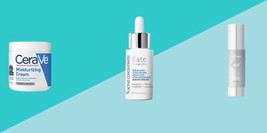 best hyaluronic acid moisturizesr and serums, three in front of two blue triangles