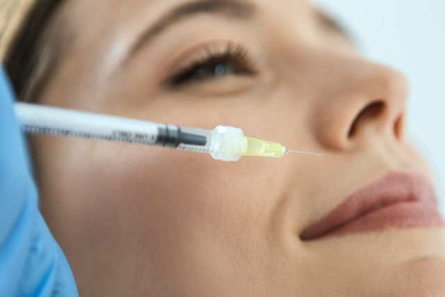 mujer con aguja cerca del labio superior