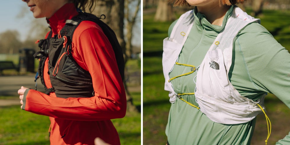 two woman close up wearing hydration packs