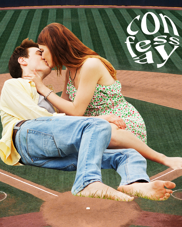 a couple making out on a baseball diamond