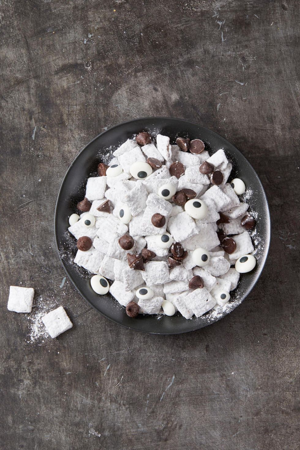 white puppy chow with candied eyeballs and chocolate chips