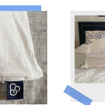close up of slumber cloud performance pillow and a picture of two pillows stacked on a bed