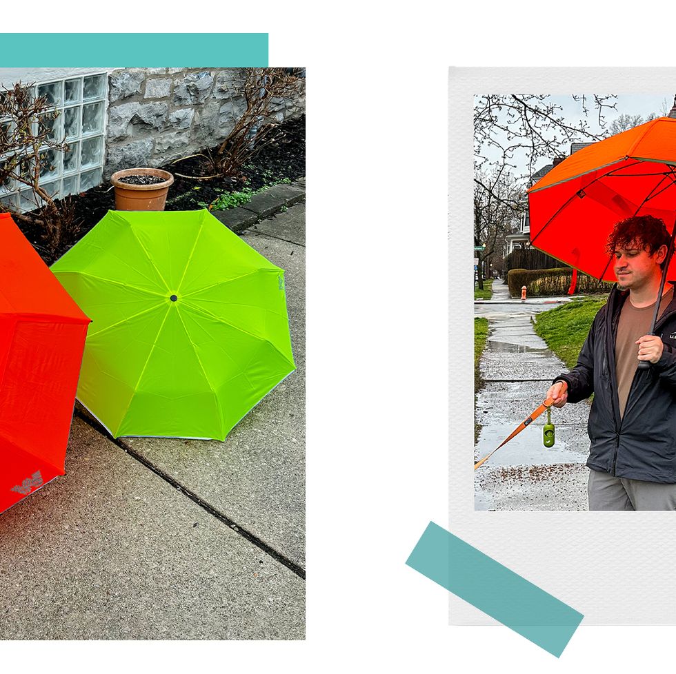 two models of weatherman travel umbrellas laying next to each other on the sidewalk