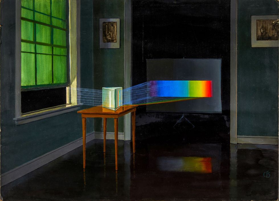 In het bijschrift bij dit schilderij waarop is te zien hoe een prisma het licht in een regenboog van kleurschakeringen ontleedt valt te lezen Vrijwel alles wat wij over het universum weten hebben we kunnen opmaken uit licht dat hier in zijn gebroken spectrum van kleuren wordt getoond