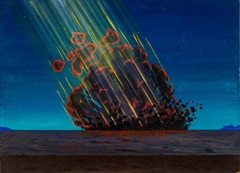 Dit schilderij verbeeldt de visie van de kunstenaar op de inslag van de asterode of komeet die de beroemde Meteor Crater in Arizona creerde Het sterrenbeeld Orion de Jager is in de rechterbovenhoek te zien