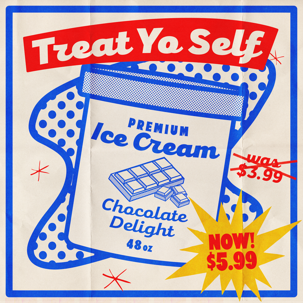 illustration of an ice cream tub that says treat yo self