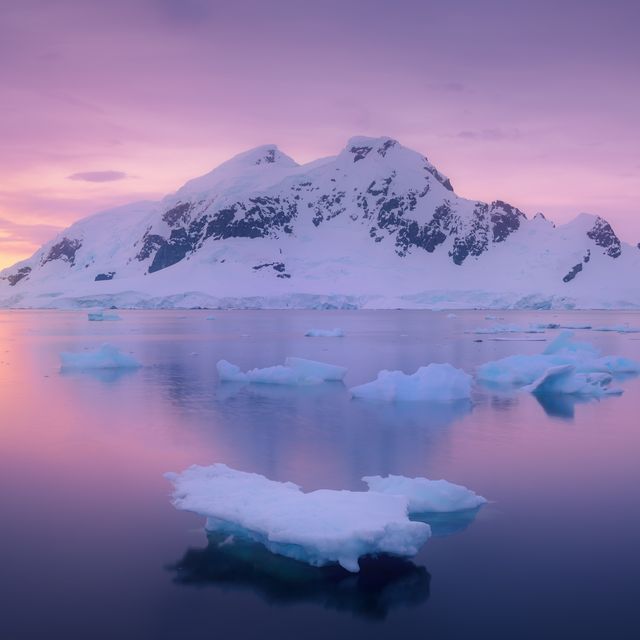 ice glacier floating in the lagoon with the snowcapped mountain sunset at antarctica