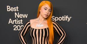ice spice wearing a see through striped catsuit at the 2024 spotify best new artist party