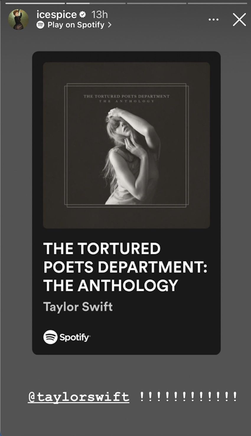 Ice Spice shares a story about Taylor Swift's new album, The Tortured Poets Department