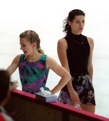 hamar   february 16 tonya harding is passed by nancy kerrigan during their first practice session photo by john tlumackithe boston globe via getty images