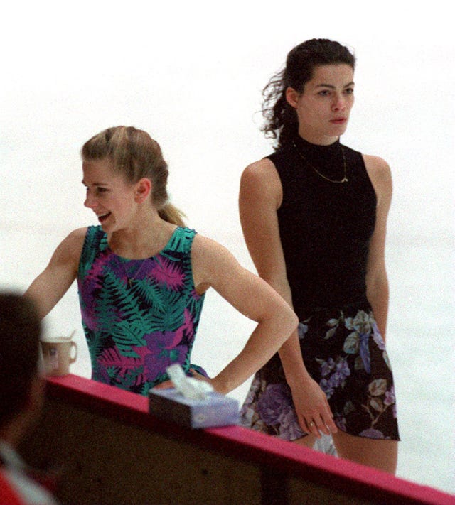 hamar   february 16 tonya harding is passed by nancy kerrigan during their first practice session photo by john tlumackithe boston globe via getty images