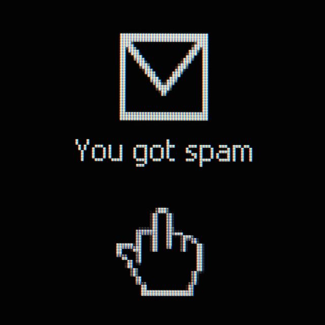 message icon on a black background that says you got spam with a hand icon giving a middle finger