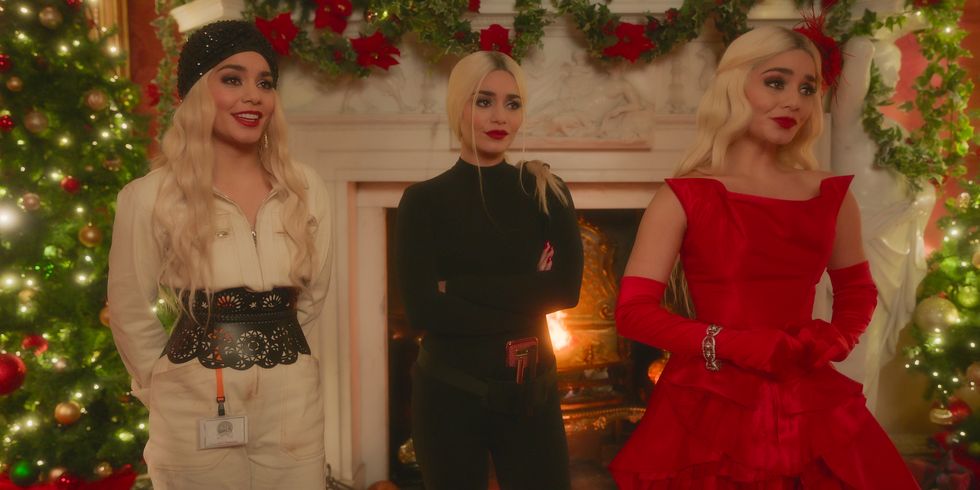the princess switch 3 romancing the star l r vanessa hudgens as princess stacy, vanessa hudgens as fiona, vanessa hudgens as queen margaret in the princess switch 3 romancing the star cr mark mainznetflix © 2021