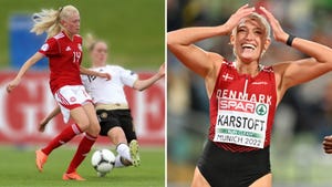 ida karstoft en un partido de fútbol con dinamarca y en la final de 200 metros del europeo de atletismo de múnich