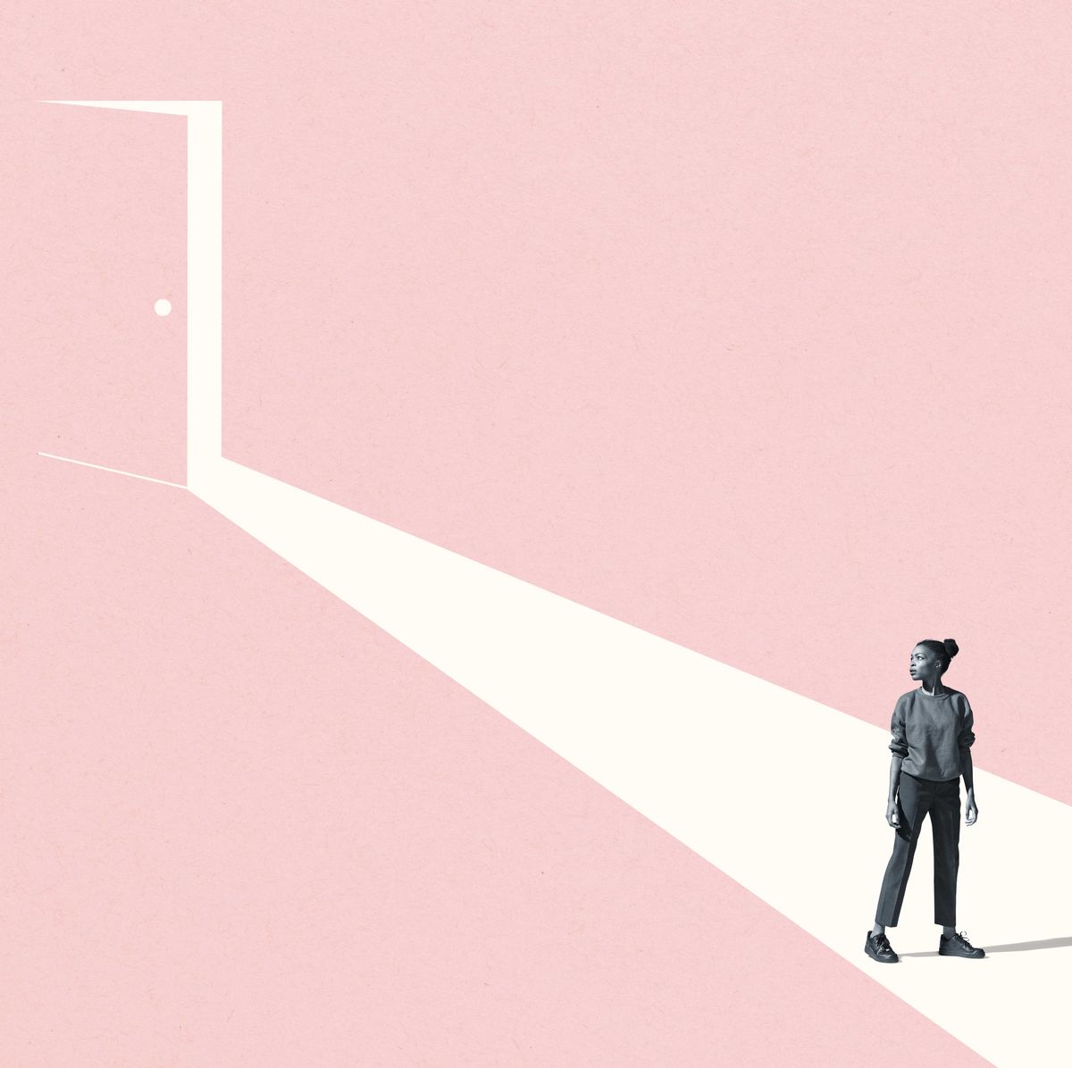 full length of young woman looking away while standing on white walkway or ray of light against pink door