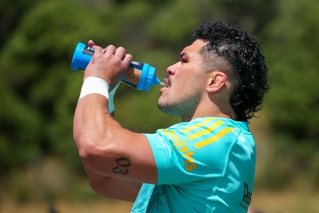 wellington, new zealand   january 14 duplessis kirifi takes a drink during a hurricanes super rugby training session at rugby league park on january 14, 2022 in wellington, new zealand photo by hagen hopkinsgetty images
