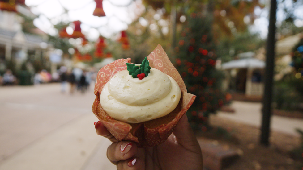 a hand holding a cupcake