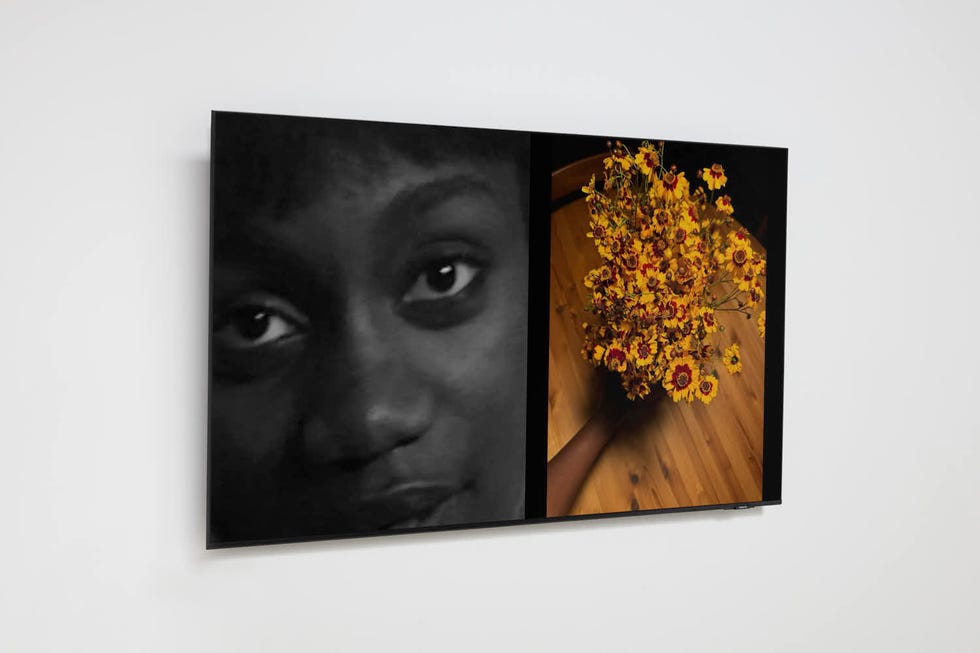 on the left, a photo of a womans face. on the right, yellow flowers.