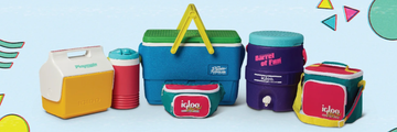 igloo cooler, picnic basket, water jugs, and fanny pack in blue, green, pink, yellow, purple