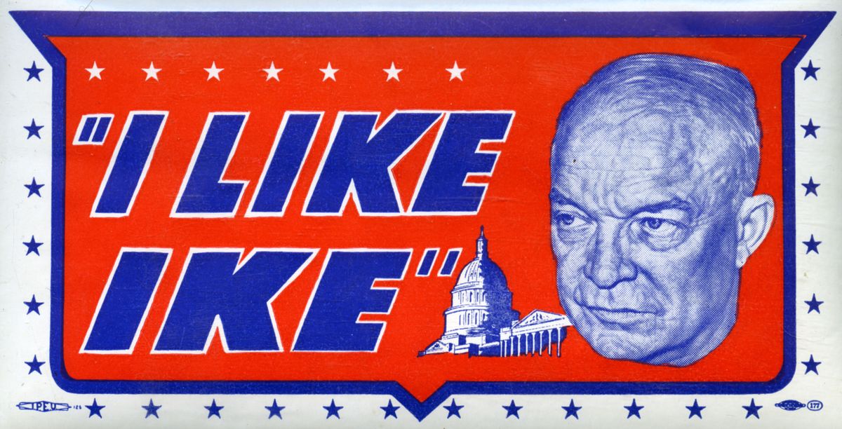 view of an i like ike water decal from the presidential campaign, showing a close up portrait of the popular war hero general dwight d eisenhower, 1952 photo by transcendental graphicsgetty images