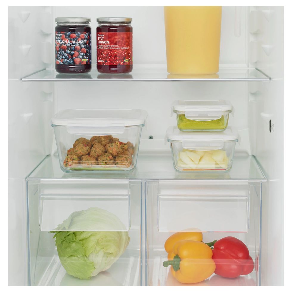 Refrigerator, Food storage containers, Major appliance, Shelf, Kitchen appliance, Home appliance, Freezer, Plastic, Food group, Shelving, 