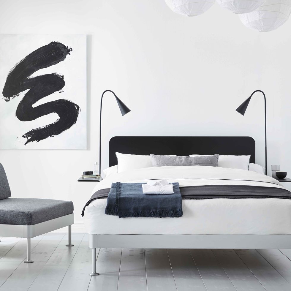 Bedroom, White, Furniture, Bed, Room, Black-and-white, Interior design, Wall, Bed frame, Monochrome photography, 
