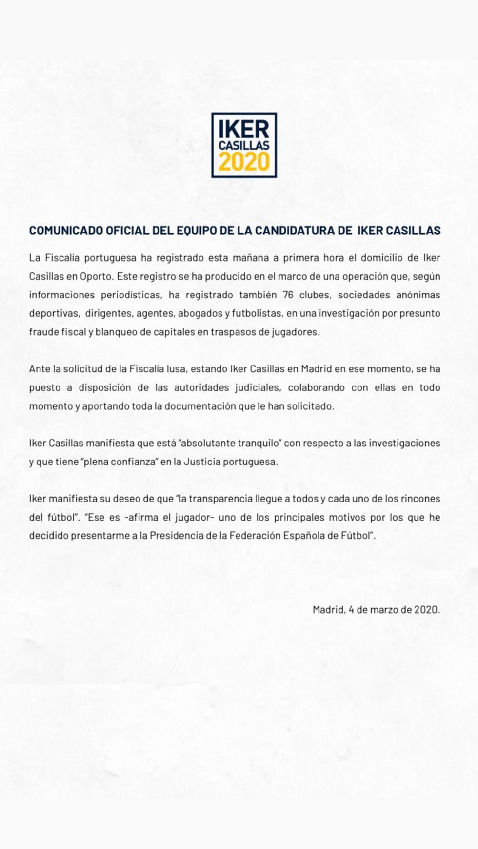 Comunicado de Iker Casillas respecto al registro de su casa